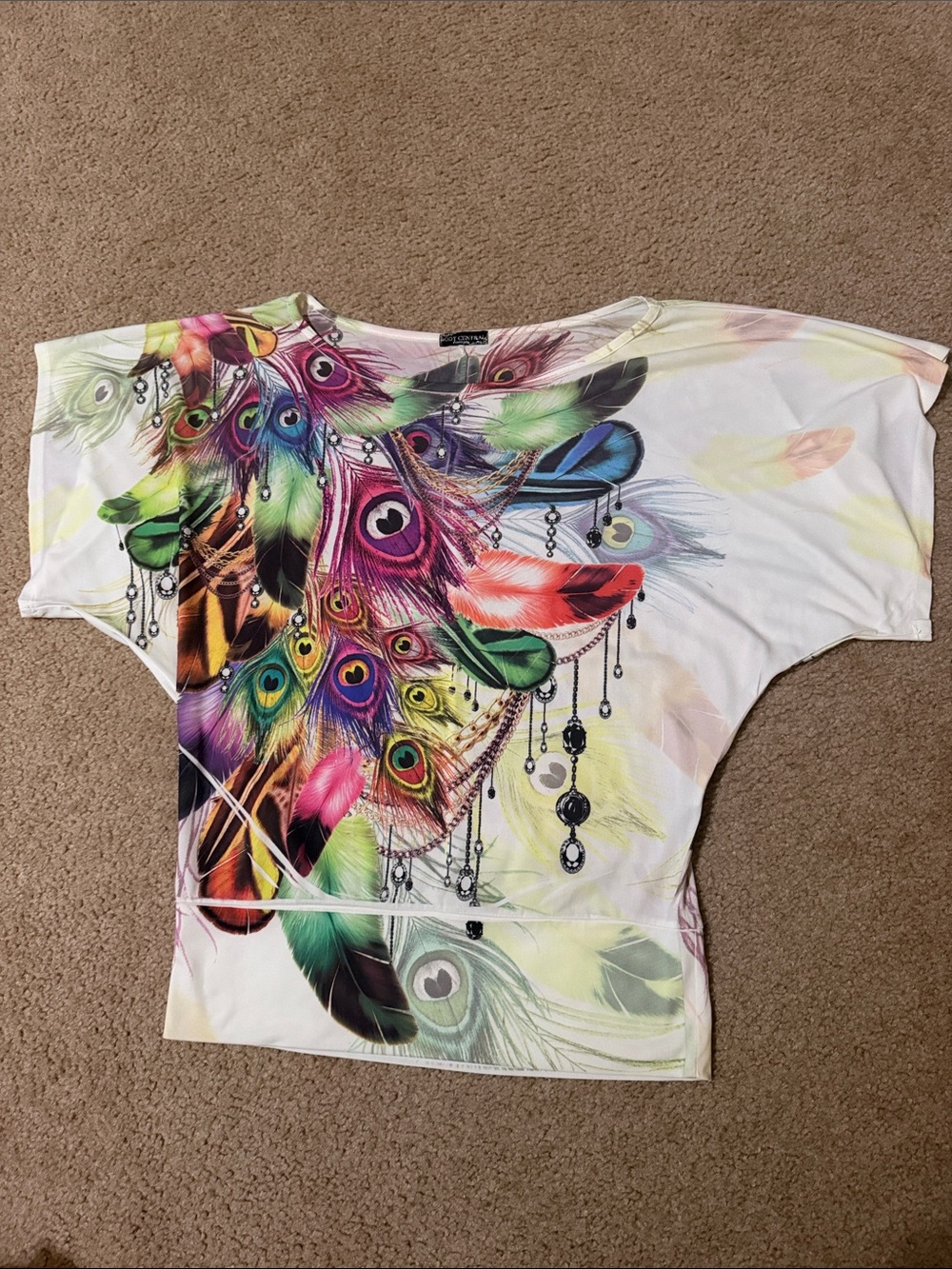 Body Central Multicolor Feather-Print Short Sleeve Top - Size M